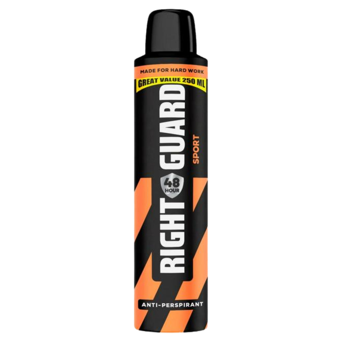 A 250ml can of Right Guard - Sport Anti-Perspirant Deodorant Spray by Right Guard, featuring 48-hour sweat protection, a cool fresh scent, bold black and orange packaging, and a sleek black cap.