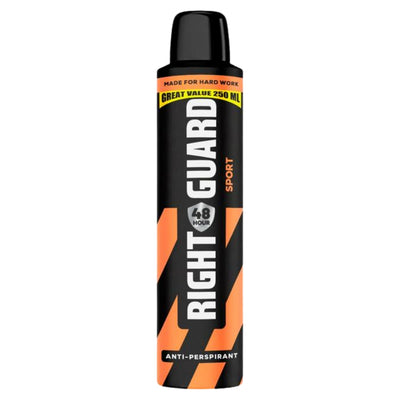 A 250ml can of Right Guard - Sport Anti-Perspirant Deodorant Spray by Right Guard, featuring 48-hour sweat protection, a cool fresh scent, bold black and orange packaging, and a sleek black cap.