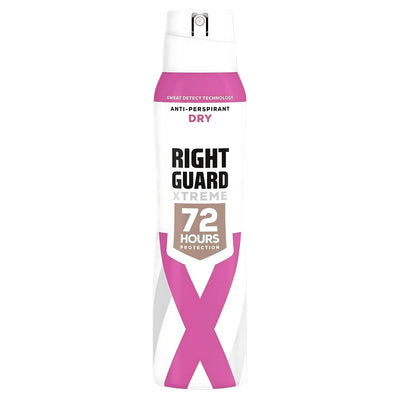 A 150ml can of Right Guard Xtreme Dry Anti-Perspirant Deodorant provides 72-hour protection, featuring a white and pink design, from the brand Right Guard. For dry use.