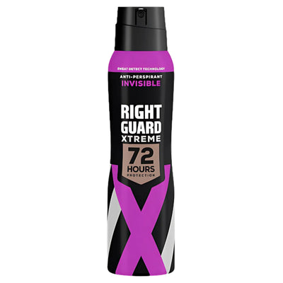 A 150ml can of Right Guard Xtreme Invisible Anti-Perspirant Spray provides 72-hour sweat and odor protection in sleek black, purple, and silver packaging.