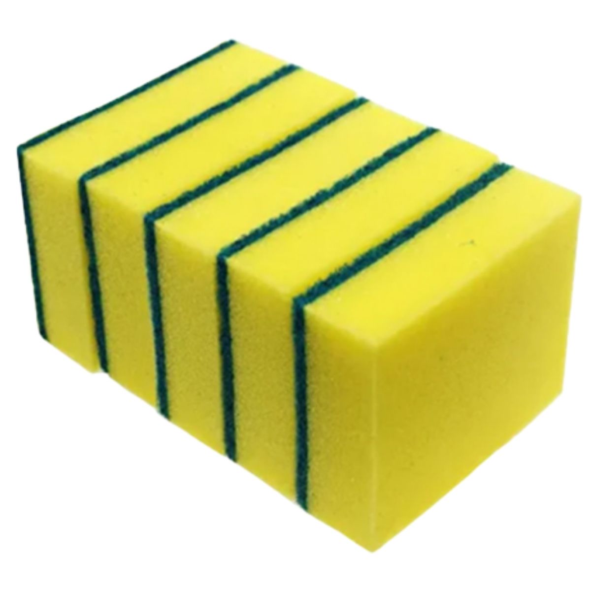 Yellow sponge with green scrourer on a white background