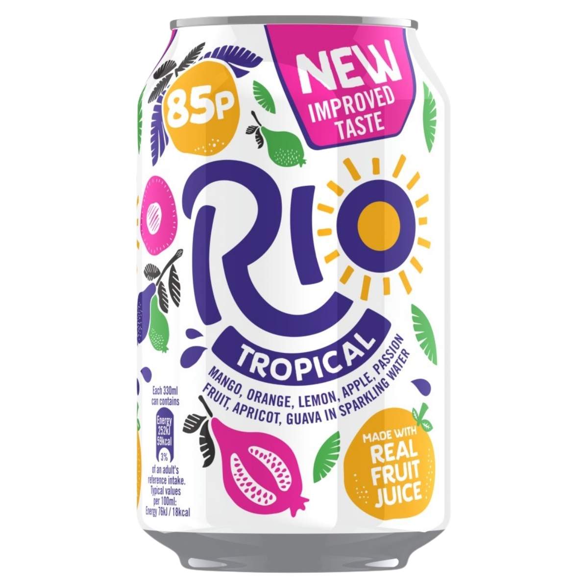 Rio Tropical fruit juice can with colorful design on a white background