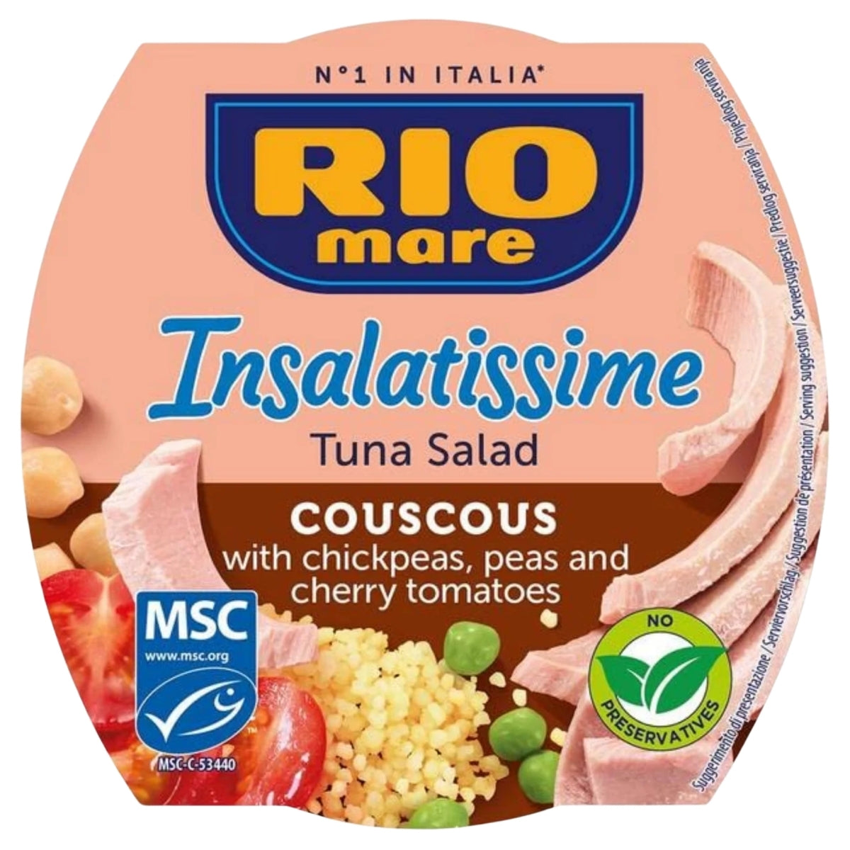 A 160g round container of Rio Mare - Couscous Tuna Salad, featuring tender tuna, hearty chickpeas, crisp peas, cherry tomatoes, and fluffy couscous. The packaging highlights MSC certification and contains no preservatives.