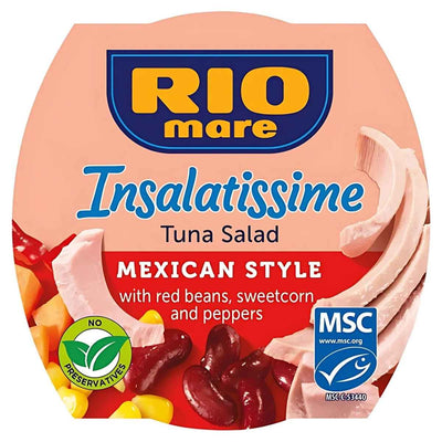 Rio Mare - Mexican Style Tuna Salad 160g features red beans, sweetcorn, and peppers, with “No Preservatives” and MSC certification logos on the packaging.