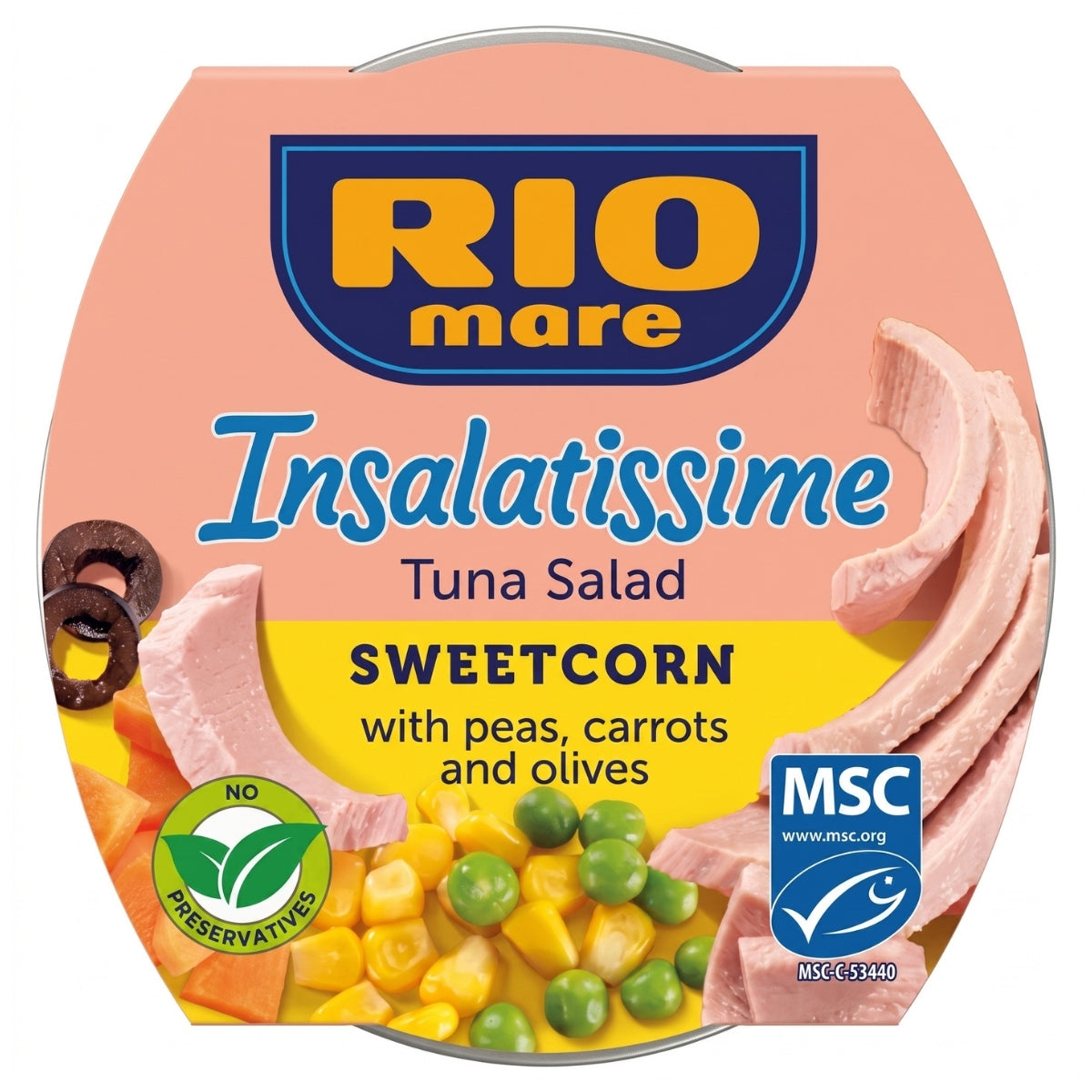 A 160g package of Rio Mare - Sweet Corn Tuna Salad features tuna, peas, carrots, sweetcorn, and olives and is labeled with no preservatives and MSC certification.
