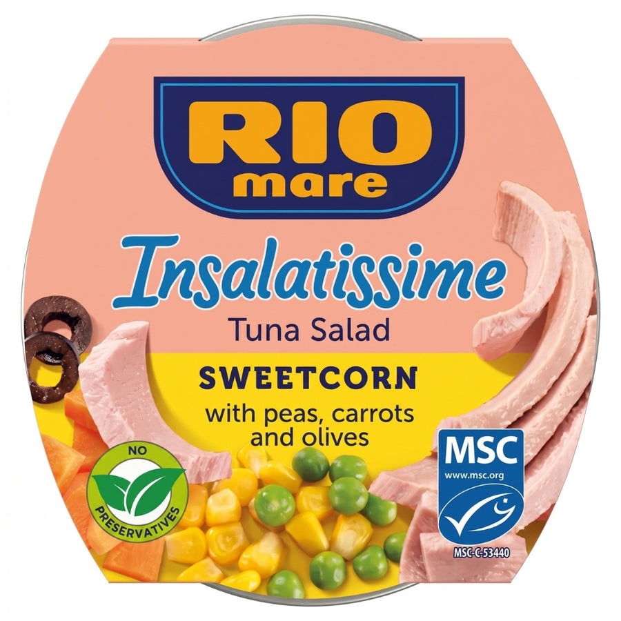 A 160g package of Rio Mare - Sweet Corn Tuna Salad features tuna, peas, carrots, sweetcorn, and olives and is labeled with no preservatives and MSC certification.