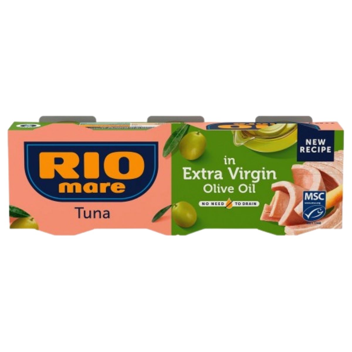 A pantry essential, Rio mare Tuna in Extra Virgin Olive Oil (3 x 65g) features an MSC certification label and a “No need to drain” message on the packaging.