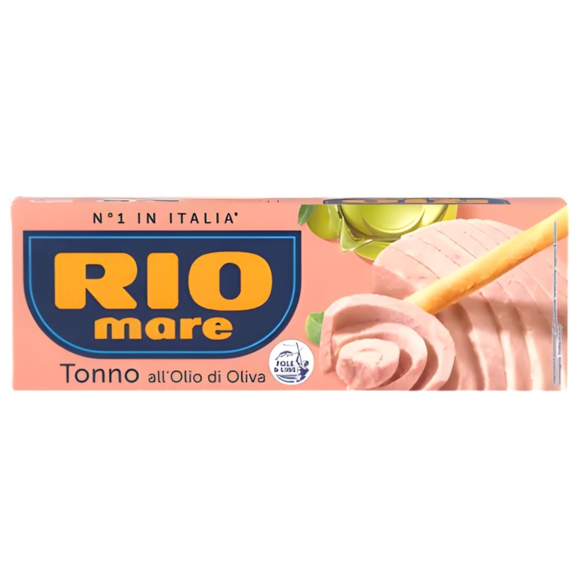 Rio mare - Tuna in Olive Oil - 3 x 80g by Rio mare, in a pink can with Italian text. The label shows sliced tuna, a breadstick, and olive oil in the background.