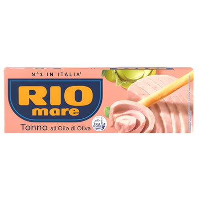 Rio mare - Tuna in Olive Oil - 3 x 80g by Rio mare, in a pink can with Italian text. The label shows sliced tuna, a breadstick, and olive oil in the background.