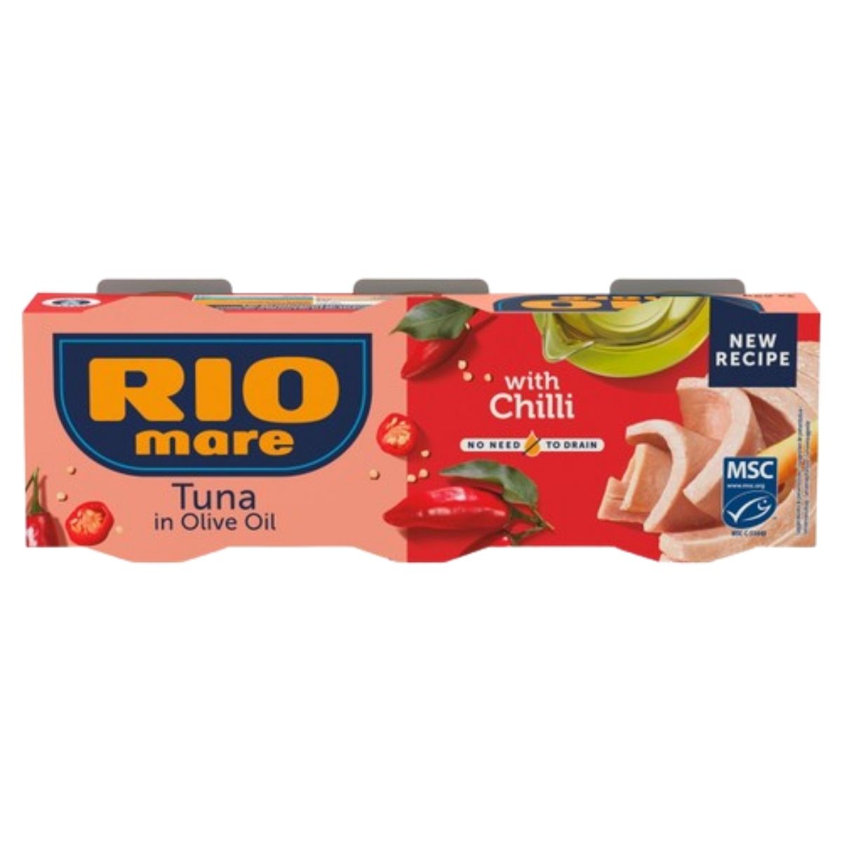Rio Mare tuna in olive oil packaging with chili on a white background