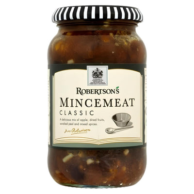 Robertson's Traditional Mincemeat 411g comes in a glass jar with a black and white striped lid. The label features spiced fruit mixture and a bowl, making it ideal for festive baking.