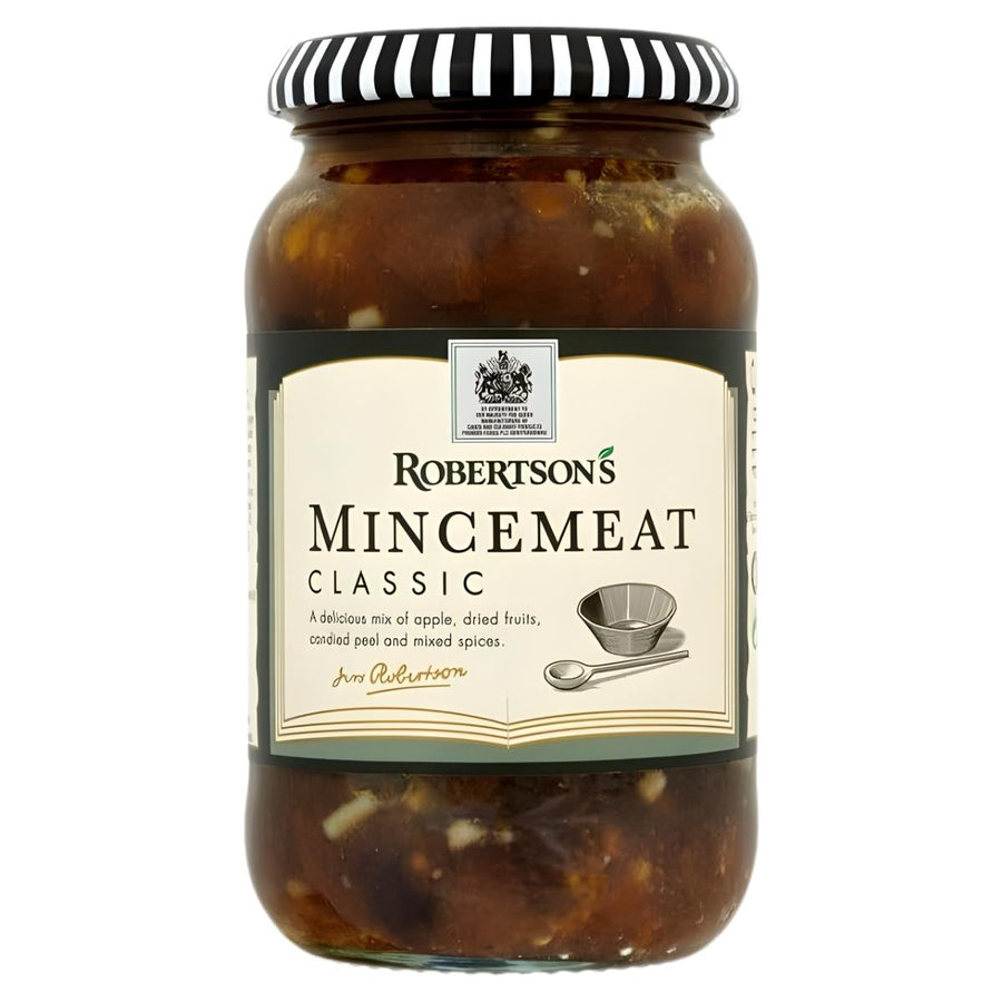Robertson's Traditional Mincemeat 411g comes in a glass jar with a black and white striped lid. The label features spiced fruit mixture and a bowl, making it ideal for festive baking.