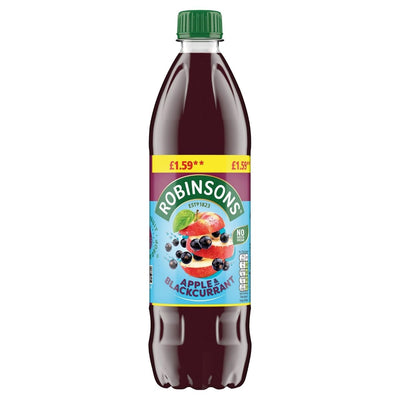 A 750ml bottle of Robinsons Black Currant and Apple Squash with a green cap, fruit graphics on the label, and priced at £1.59—a refreshing drink with delicious black currant and apple flavour.