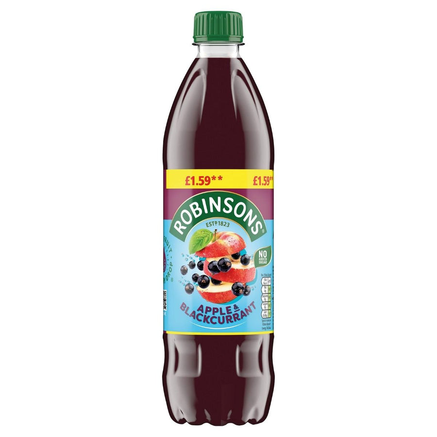 A 750ml bottle of Robinsons Black Currant and Apple Squash with a green cap, fruit graphics on the label, and priced at £1.59—a refreshing drink with delicious black currant and apple flavour.