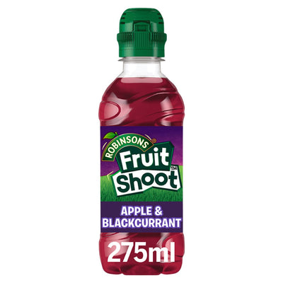 A 275ml bottle of Robinsons Fruit Shoot Apple & Blackcurrant Juice Drink, a low calorie soft drink from Robinsons.