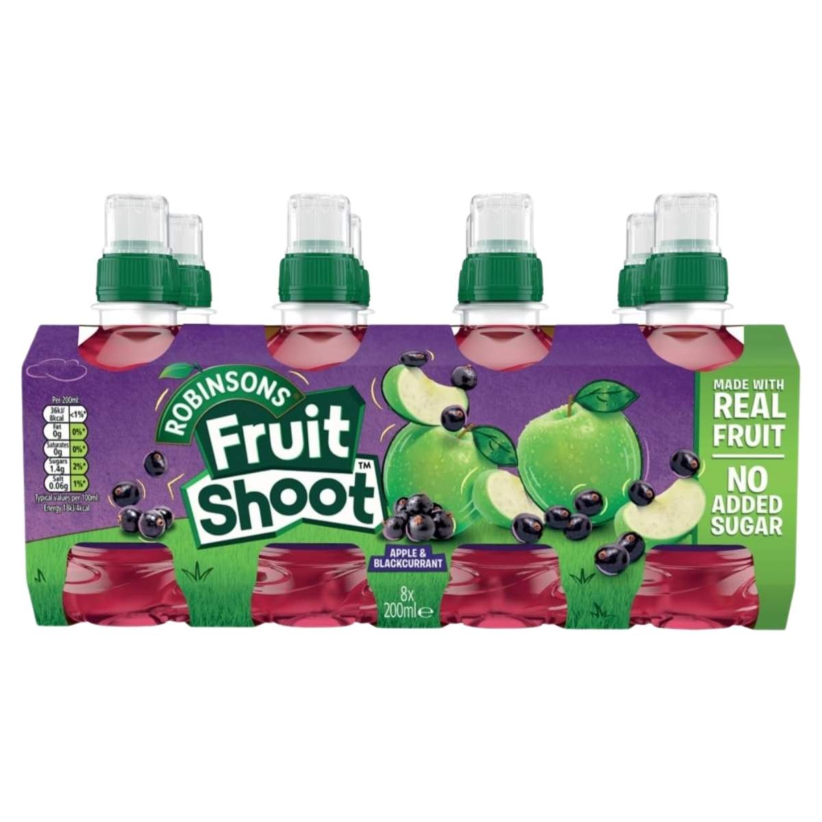 Packaging of Robinsons Fruit Shoot drinks with green and purple design