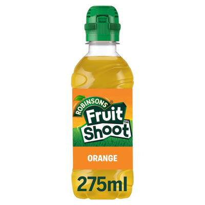 A 275ml bottle of Robinsons Fruit Shoot Orange, a refreshing orange drink with a green cap and clear label, perfect for energizing every sip.