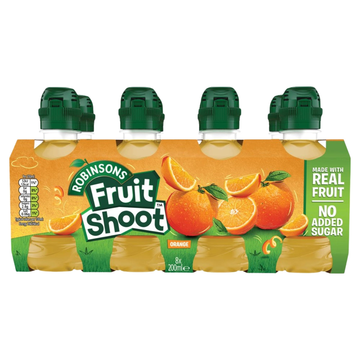 A eight-pack of Robinsons Fruit Shoot Orange juice bottles in a cardboard carrier, featuring orange graphics and green caps on a white background.