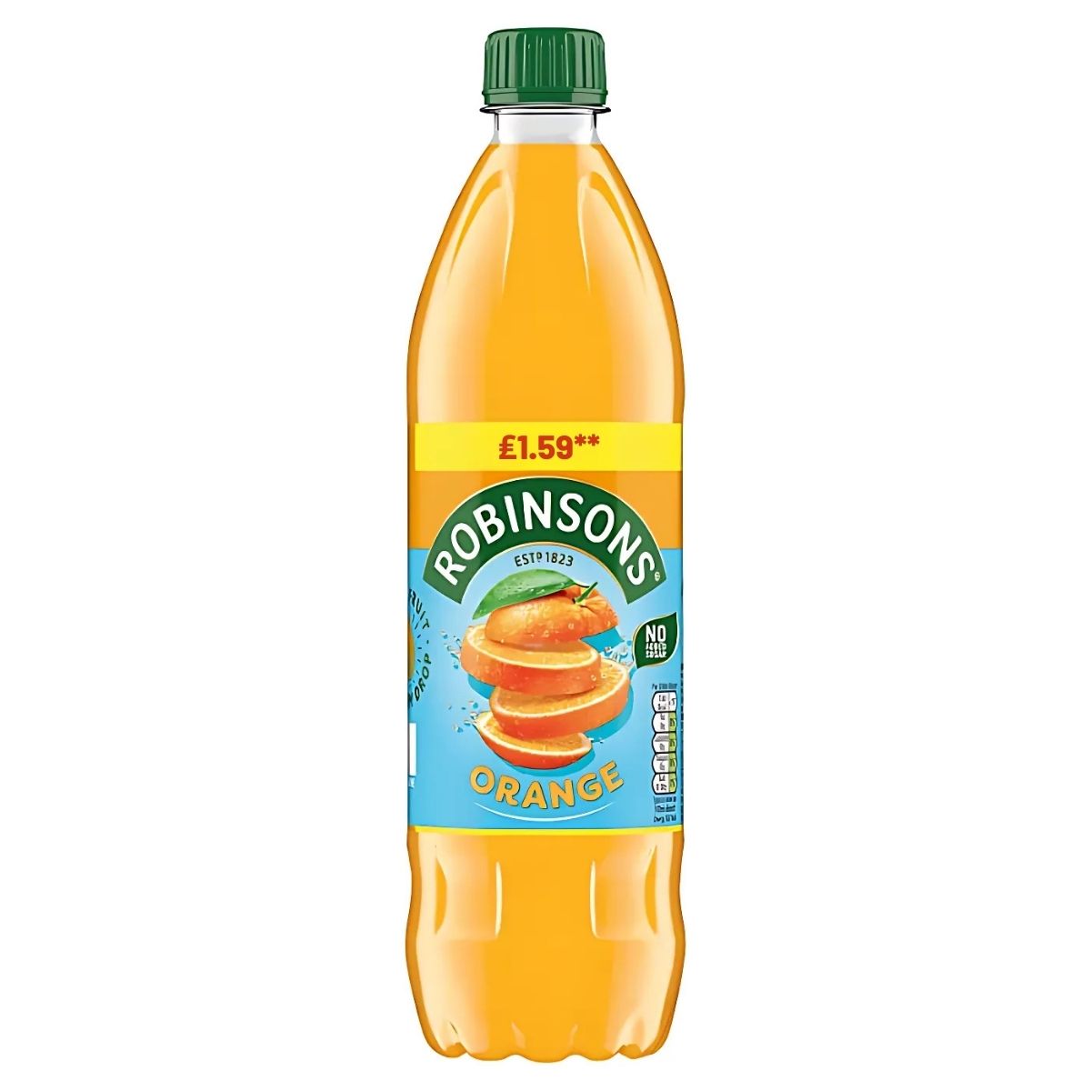 A 750ml bottle of Robinsons Orange Squash with a green cap and a label featuring oranges, price marked at £1.59. Enjoy its refreshing taste with every sip.
