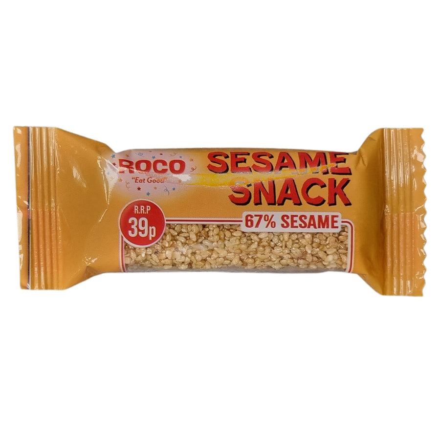 Roco - Sesame Snack (Gluten Free) - 25g: A tasty gluten-free bar made with wholesome sesame seeds, packed in eye-catching red and yellow Roco packaging.