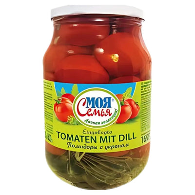 A jar of My Family (Moja Semja) Pickled Cucumbers with Dill, labeled in Russian and German. 860g.