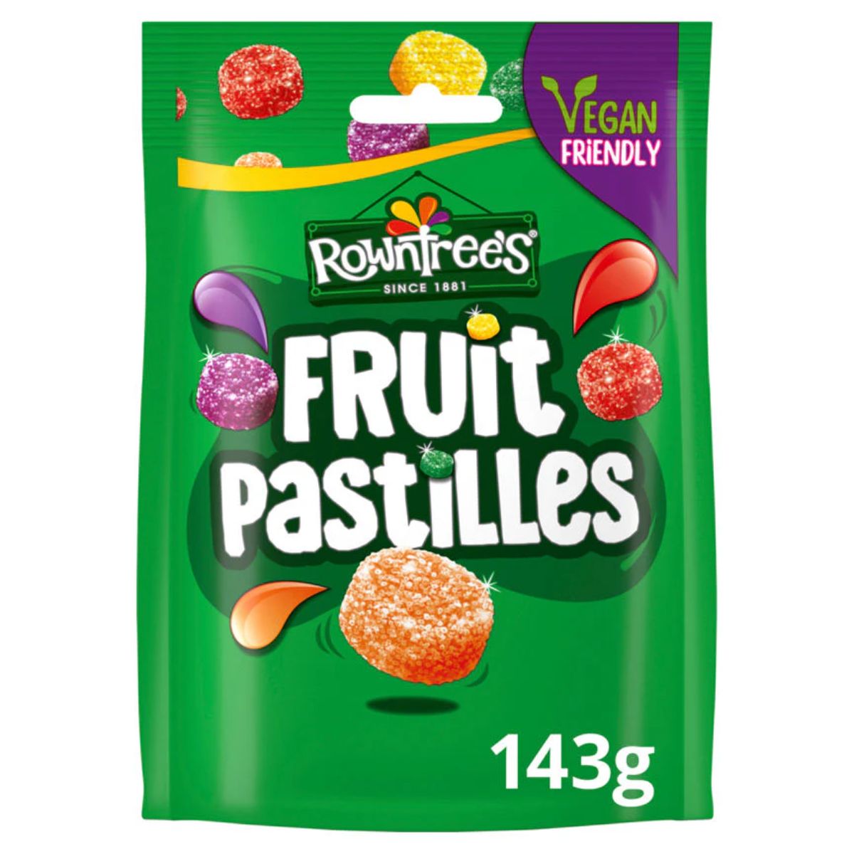 Rowntree's Fruit Pastilles Sweet in a green package, vegan-friendly, featuring colorful pastilles and weighing 143g.