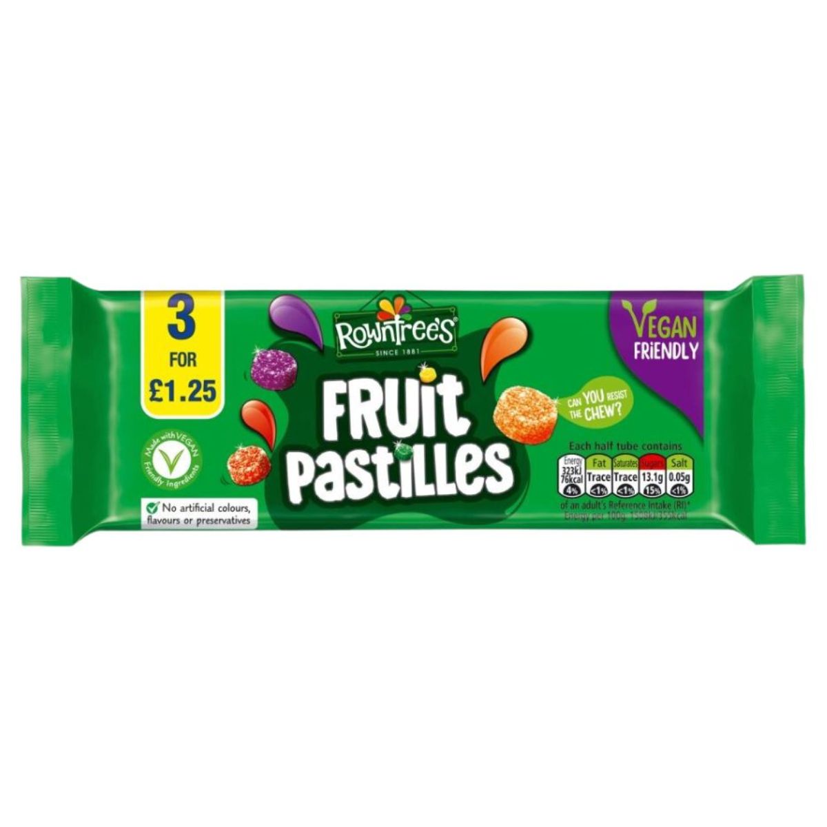 Rowntree's Fruit Pastilles, in a green, vegan-friendly pack with colorful fruit shapes, offer sweet satisfaction. At "3 for £1.25," they promise an irresistible deal for those craving fruity flavors. .