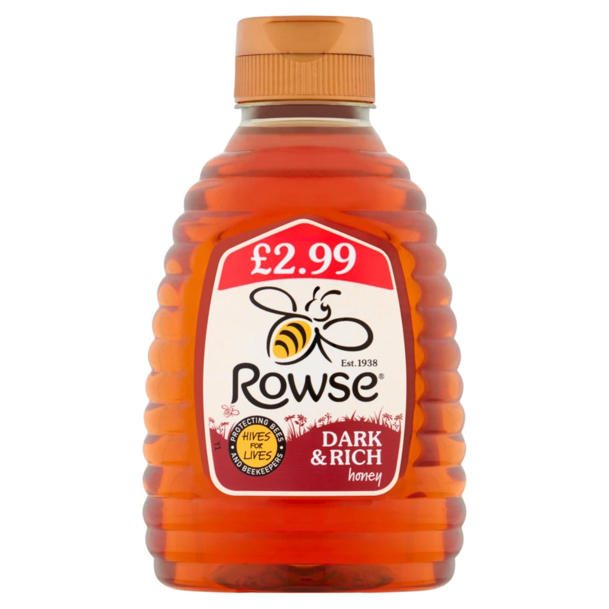 A plastic squeeze bottle of Rowse - Dark & Rich Honey - 340g, featuring a bee illustration on the label and a price tag of £2.99.