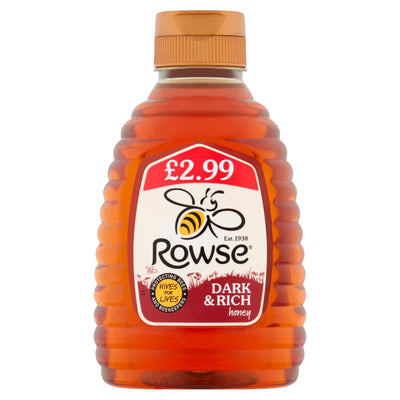 A plastic squeeze bottle of Rowse - Dark & Rich Honey - 340g, featuring a bee illustration on the label and a price tag of £2.99.