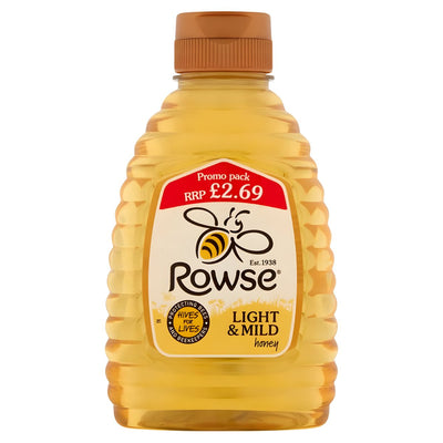 A 340g plastic bottle of Rowse Light & Mild Honey with a brown cap, bee logo, and red label priced at £2.69.