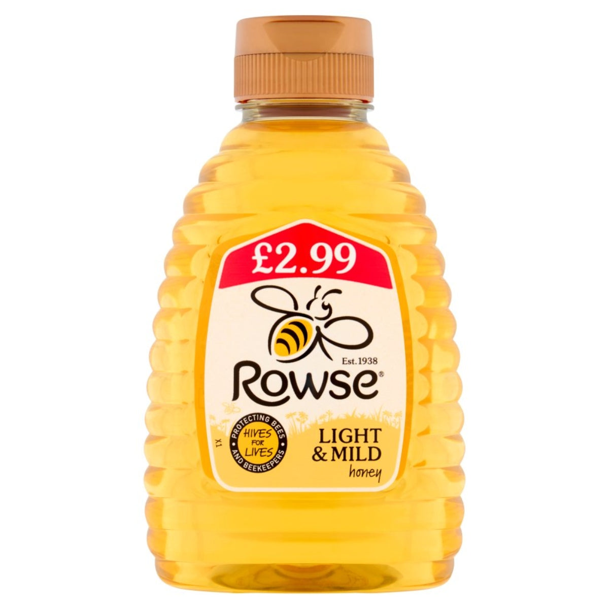 A squeeze bottle of Rowse - Light & Mild Honey - 340g with a label featuring a bee graphic, price tag, and text reading “Light & Mild honey.”.