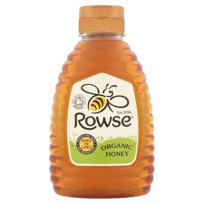 Rowse Organic Honey (340g) in a plastic squeeze bottle with a yellow label featuring a bee logo and “Organic Honey” text, offering pure, natural sweetness from organic honey.