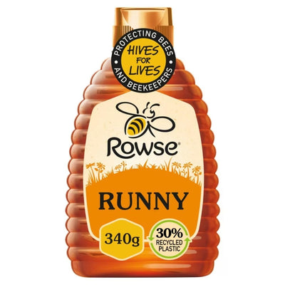 The 340g Rowse Runny Honey, packaged in 30% recycled plastic, features a smooth texture and "Protecting Bees and Beekeepers." It's made with natural ingredients.