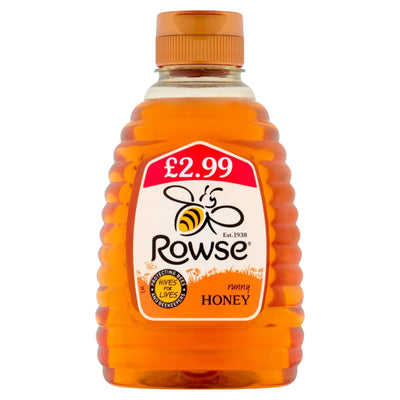 A plastic squeeze bottle of Rowse - Runny Honey - 340g with a £2.99 price tag on the label.
