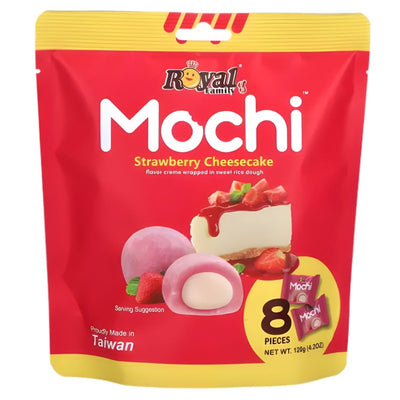 A red package of Royal Family - Mochi 8 Strawberry Cheesecakes (120g) by royal family features images of mochi with cheese crème and cheesecake, contains 8 pieces, and is labeled "Proudly Made in Taiwan.