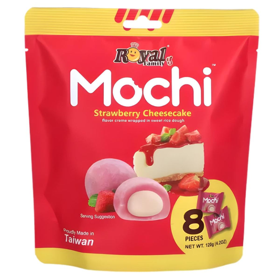 A red package of Royal Family - Mochi 8 Strawberry Cheesecakes (120g) by royal family features images of mochi with cheese crème and cheesecake, contains 8 pieces, and is labeled "Proudly Made in Taiwan.