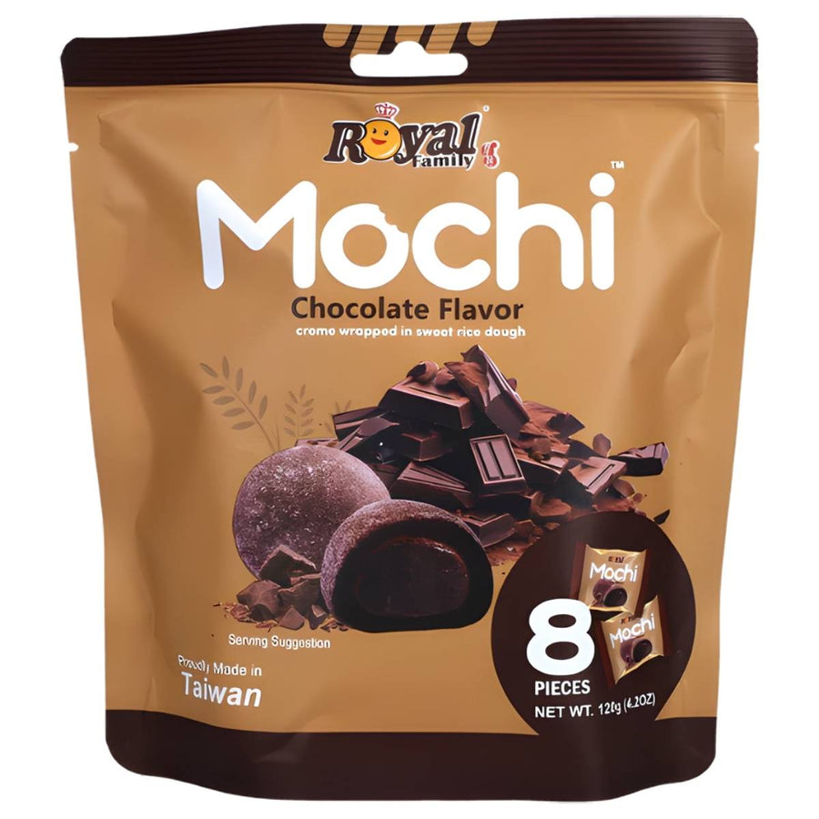 A 120g Royal Family Mochi Chocolate Flavour (Halal) pack, featuring 8 pieces, images of glutinous rice cakes and chocolate, and made in Taiwan.
