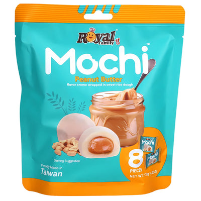 A 120g bag of royal family Peanut Butter Mochi features soft mochi pieces, a peanut butter jar, peanuts illustrated on the packaging, and notes 8 pieces inside. Product of Taiwan.