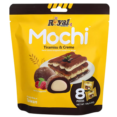 A 120g yellow bag of Royal Family Tiramisu & Creme Mochi, featuring 8 glutinous rice cakes with creme filling and tiramisu images, labeled "Made in Taiwan" by royal family.