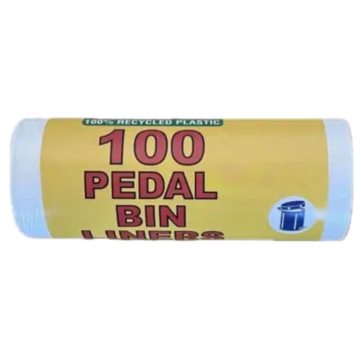 Roll of 100 pedal bin liners with a yellow label on a white background