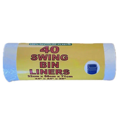 Royal Markets 40 Swing Bin Liners are made from 100% recycled, durable plastic for efficient waste management. Each liner measures 32cm x 56cm x 71cm and comes in yellow packaging.