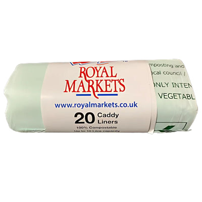 A pack of 20 Royal Markets Caddy Liners for hygienic waste disposal, with www.royalmarkets.co.uk printed on the packaging.