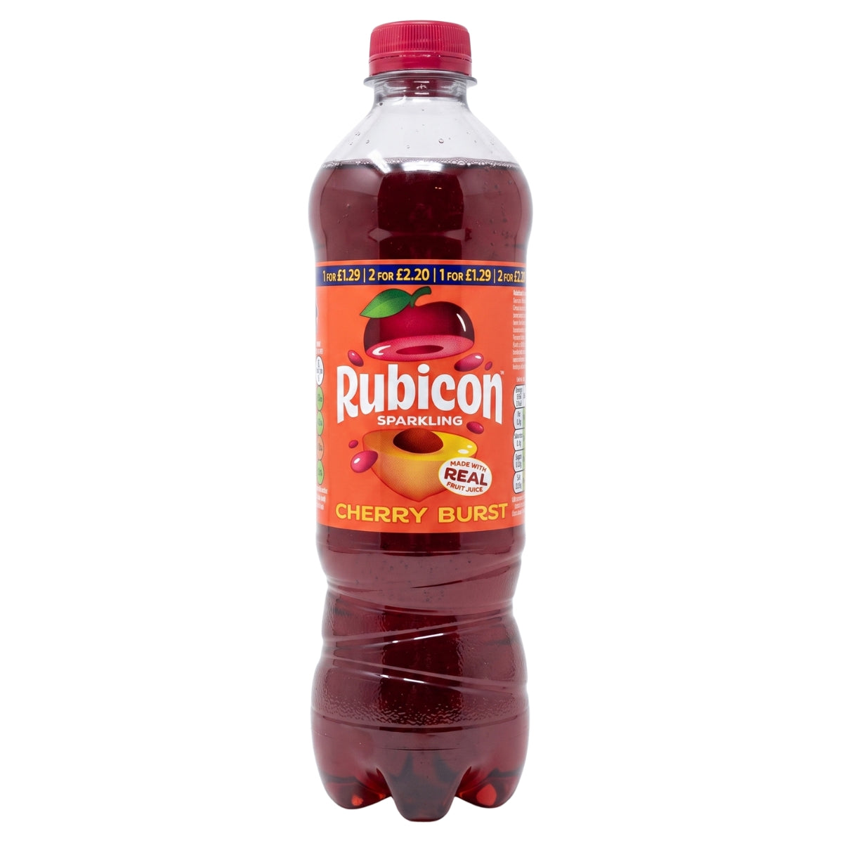 A 500ml bottle of Rubicon Cherry Burst drink with a colorful label featuring cherries and a red cap.