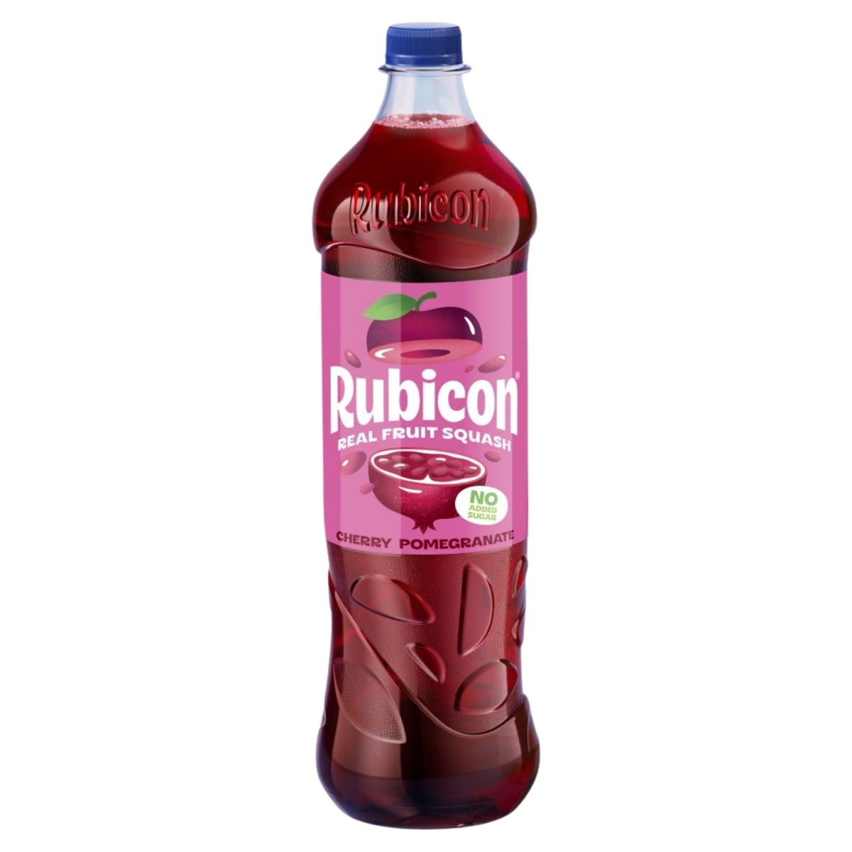 A 1L bottle of Rubicon Cherry Pomegranate Drink with a blue cap, fruit graphics, and front labeling.