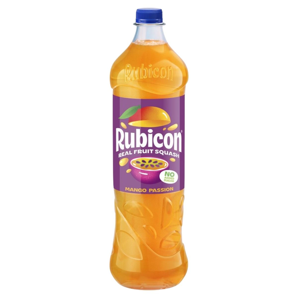 A 1L bottle of Rubicon Mango Passion Drink from Rubicon, with a purple label and orange cap.