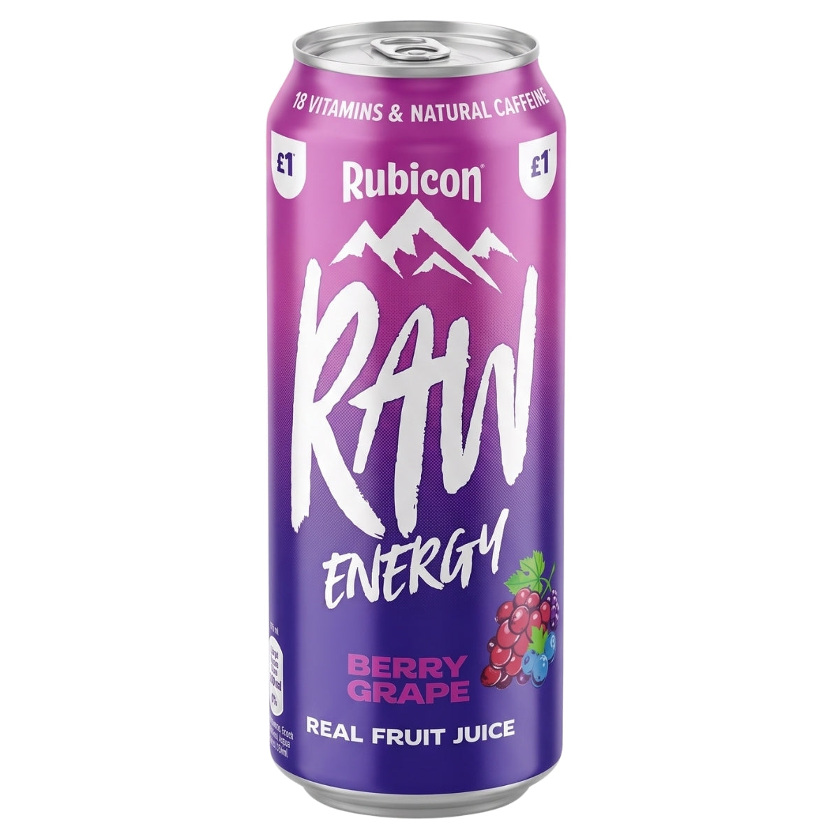 A single can of Rubicon Raw Energy Berry Grape drink on a plain white background. The can is purple with white lettering and a small berry and grape illustration near the bottom.