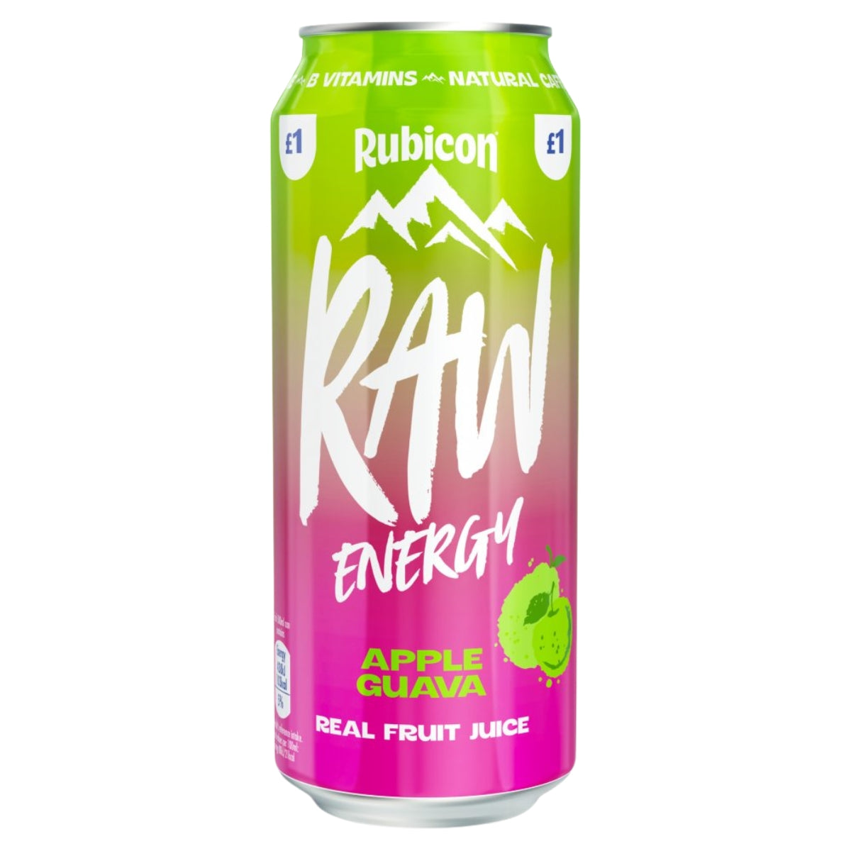 Tall can of Rubicon - Raw Energy Apple & Guava Juice - 500ml with a green-to-pink gradient background and mountain graphic.