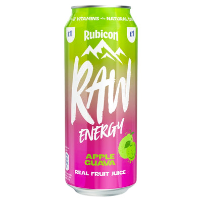 Tall can of Rubicon - Raw Energy Apple & Guava Juice - 500ml with a green-to-pink gradient background and mountain graphic.