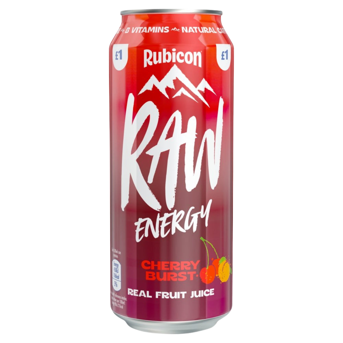 A single can of Rubicon Raw Energy Cherry Burst drink on a plain white background. The can is primarily red with white and orange text and graphics, including the Rubicon brand logo and cherry illustrations near the bottom.