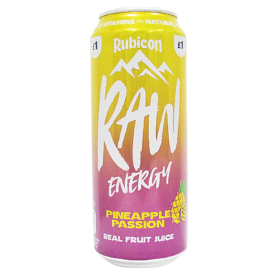 A 500ml can of Rubicon - Raw Energy Pineapple & Passion Fruit, featuring vibrant yellow and pink colors with lively images of pineapple and passion fruit, delivers natural caffeine for a refreshing boost. Price marked at £1.